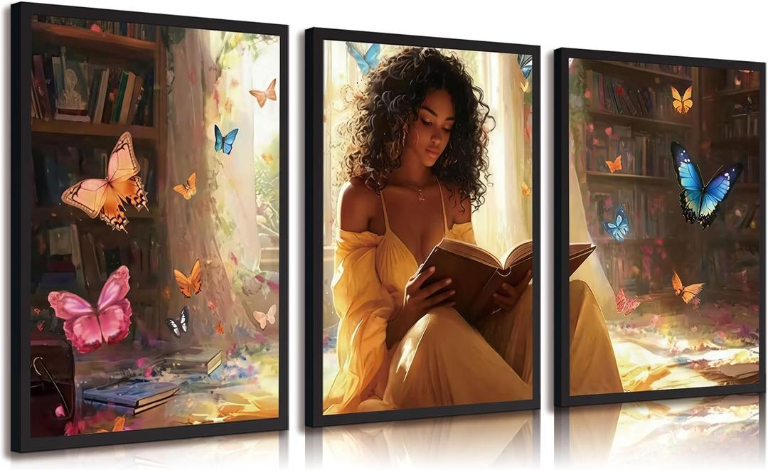 3pcs Black Girl Reading Books Canvas Wall Art Colorful Book Butterflies Posters Prints African American Girl Wall Decor Pictures For Living Room Bedroom Study Reading Room Home Decoration Unframed