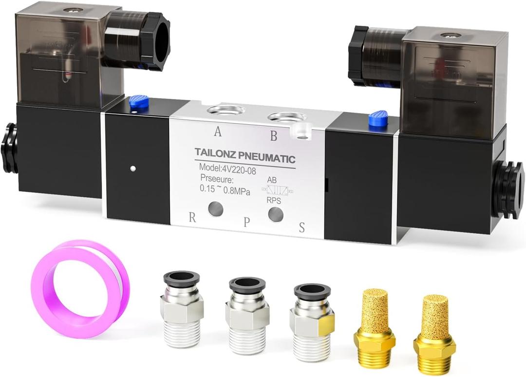 TAILONZ PNEUMATIC Solenoid Valve 4V220-08 DC24V 1/4"NPT Double Coil Pilot-Operated Electric 2 Position 5 Way Connection Type