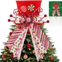 Candy Cane Christmas Tree Topper,Candy Cane Christmas Decorations,Velvet Red Hat with Peppermint Bows Ribbon Ornaments,Top Hat Christmas Tree Topper for Holiday Xmas Decorations (Red)