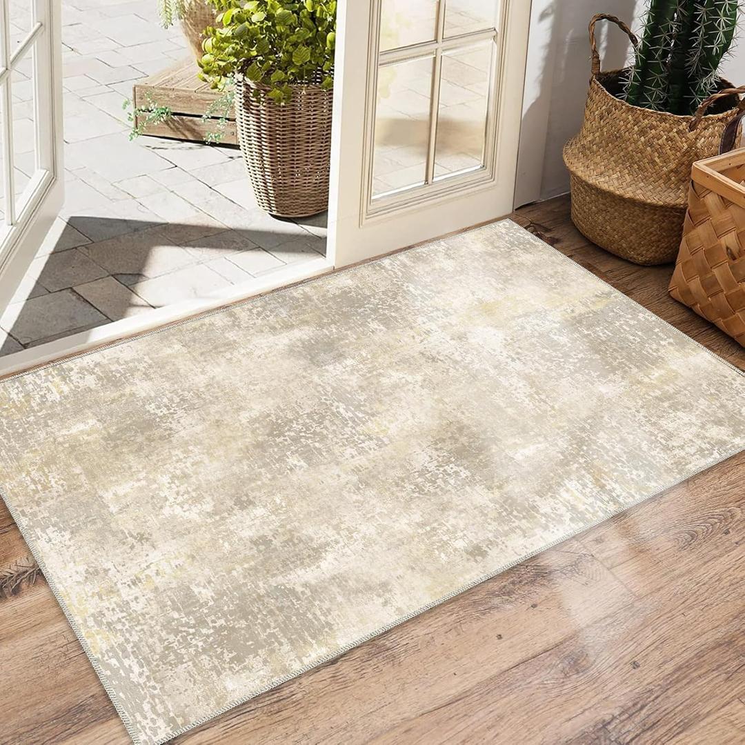 Abstract Small Carpet 2x3 Washable Cream Beige Area Rugs Doormat for Entryway Living Room Bedroom Washing Room Non Slip