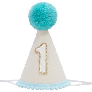 First Birthday Party Hat with lake blue Pom Pom, White and Gold Number 1, Decorative Party Accessory (1)