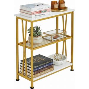 Narrow Side Table, End Table with 3 Tier Storage Shelves, Industrial Rustic Accent Skiny End Tables for Small Spaces, Slim Couch Beside Table, Small Hallway Table for Living Room (White+Gold)