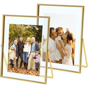 Qiannhee Gold Floating Picture Frame 5x7, Double Glass Metal Photo Frame for Tabletop Display, Modern Gold Picture Frame for Photos, Dried Flower & Home Dcor