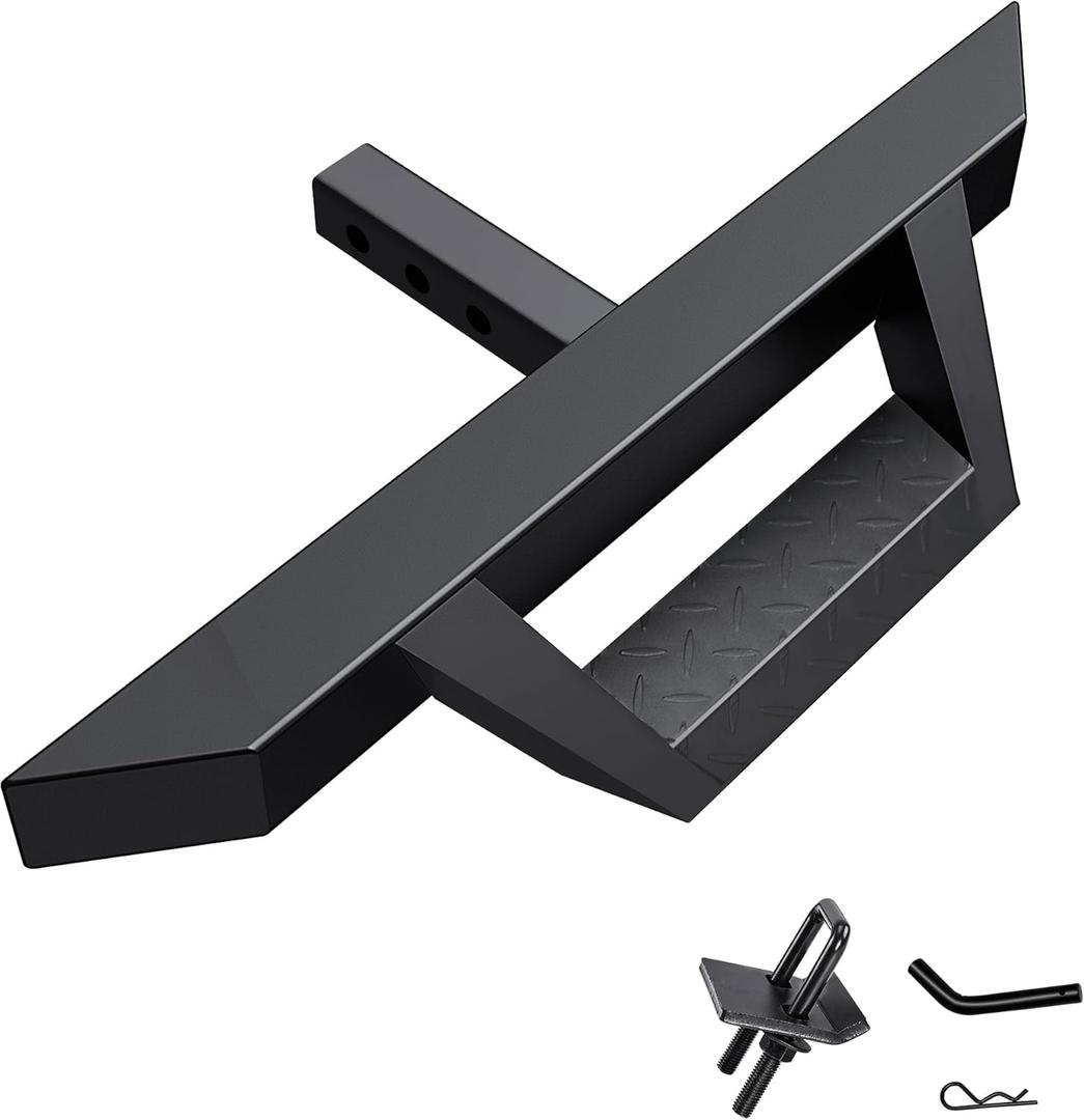 Universal Hitch Step AUSUM MOTOR Trailer Tow Hitch Step Bar w/Drop Step Pads for Pickup Truck, Fit 2" Receiver, Max Load 300lbs with Hitch Pin, U-Bolts Stabilizer, Rear Bumper Guard Protector