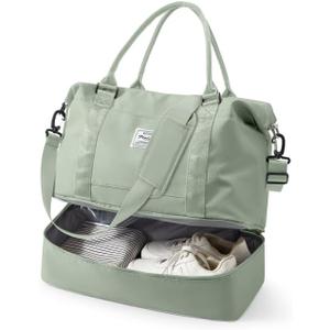 Spirit Travel Duffel - 18x14x8 Inches Weekender Overnight Bag with Shoes Compartment, Trolley Sleeve, Carry On for Airplanes, Sport Tote Gym Bag in BeigeGreen (Large)