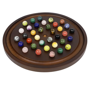 Large Solitaire Game Handmade Solid Wooden Marble Board Game Set with 36 Natural Marble Marbles Classic Thick Round Board Games for Adults Game Night (Walnut, Medium)