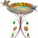 DREAMSOUL 20" Dia Large Bird Bath Stand, Bird Bath for Outside with Detachable Basin, Metal Birdbath with Colorful Hummingbird Pattern Garden Decor