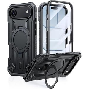 FNTCASE for iPhone Air Phone Case: Magnetic Phone Cases with [Ring Kickstand] [Built-in Screen Protector] [Heavy Duty Military Grade Protection] Drop Proof Rugged Protective Hard Cases Black