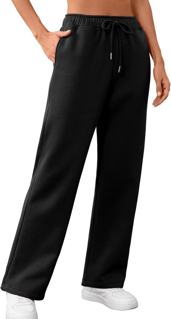Women's Fleece Lined Sweatpants High Waisted Drawstring Cozy Baggy Straight Leg Pants with Pockets (Black) 