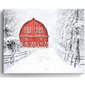 Red Barn Pictures Wall Art Decor Snowy Barn House Winter Landspace Picture Print on Canvas for Bathroom Bedroom with Framed Ready to Hang 32 x 24