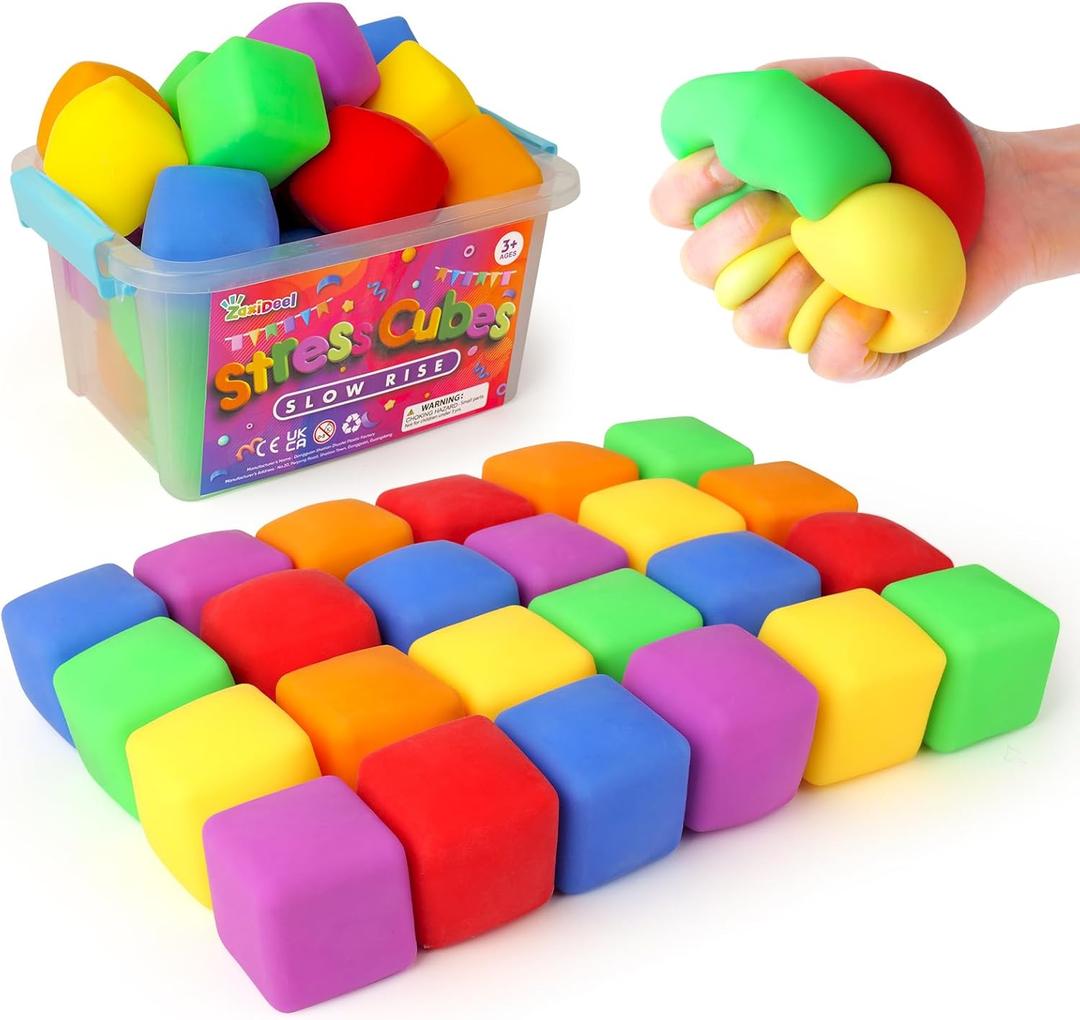 24 Pack Mini Slow Rise Stress Cube: Pull Stretch Fidget Toys for Stress Relief, Dough Squishy Toys Bulk for Kids, Classroom Prize Box Toys, Fidgets for Classroom, Hand Therapy Sensory Squishy Ball