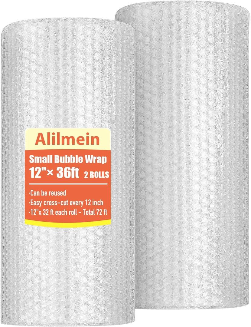 12 inch x 72ft - 2 Pack Total Small Thin Bubble Cushioning Wrap for Extra Protection Packaging Mailers, Nylon Wrap Rolls Moving Cushioning Supplies for Moving & Shipping, Perforated Every 12