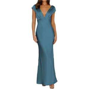 Halfisland Womens Summer Satin V Neck Cap Sleeve Backless Maxi Dress Elegant Twist Cut Out Midi Dresses Wedding Guest Dark Blue M