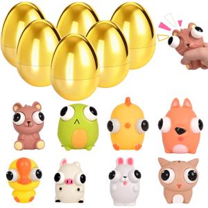 8 Pack Jumbo Golden Easter Eggs Fillers with Popping Eyes Fidget Toys, Squeeze Animals for Stress Relief, Easter Basket Stuffers & Easter Hunt Party Favors Classroom Prize Gifts for Kids