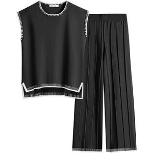 ANRABESS Women 2 Piece Lounge Sets Summer Casual Knit Sweater Vest Pant Set Beach Vacation Clothes 2026 Airport Outfits (Medium, Black-white 02)