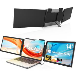 HotYeah Triple Laptop Screen Extender, (Windows Only) 14" 1080P Dual Portable Extended Monitor, USB-C Travel Dsiplay w/Kickstand, Tri Screen Monitor for 14-16" Laptop, One Cable Connection
