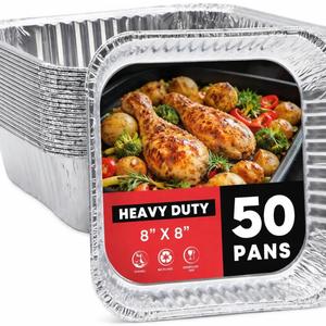 50-Pack Disposable Aluminum Foil Pans - Heavy Duty, 8x8x1.87 Inch, Ideal for Baking, Roasting, Cooking & Storing