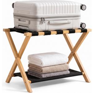 Luggage Rack, Heavy-Duty Bamboo Foldable Suitcase Stand with Storage Shelf, Fits Up to 28" Luggage, Space-Saving Organizer Holder for Guest Room, Bedroom, Hotel, Dorm and Entryway, Natural(1 Pack)