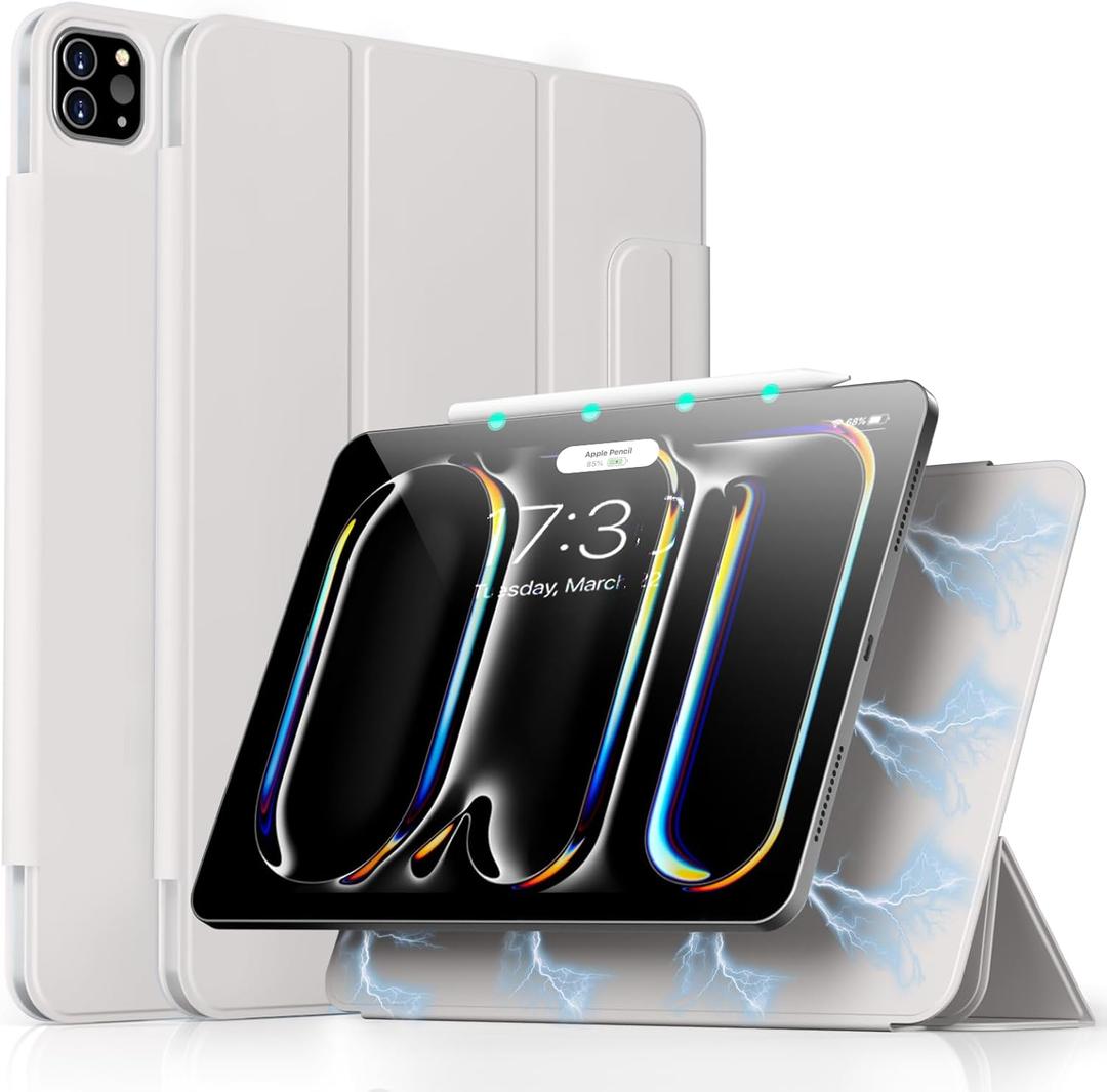 aoub for iPad Pro 11 Inch Case (M4) 2024 5th Generation, Slim Trifold Stand Case with Magnetic Attachment, Supports Pencil Pro and Pencil(USB-C), Gray