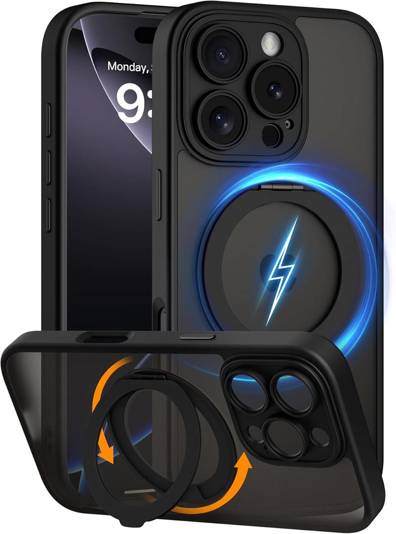 COOLQO for iPhone 16 Pro Max Case, Compatible with MagSafe, Translucent Matte, 360 Ring Holder Stand, Black