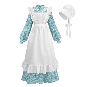 Nuoqi Prairie Dress Women Adult Pioneer Dress Long Colonial Costume with Bonnet Apron Lake Green M