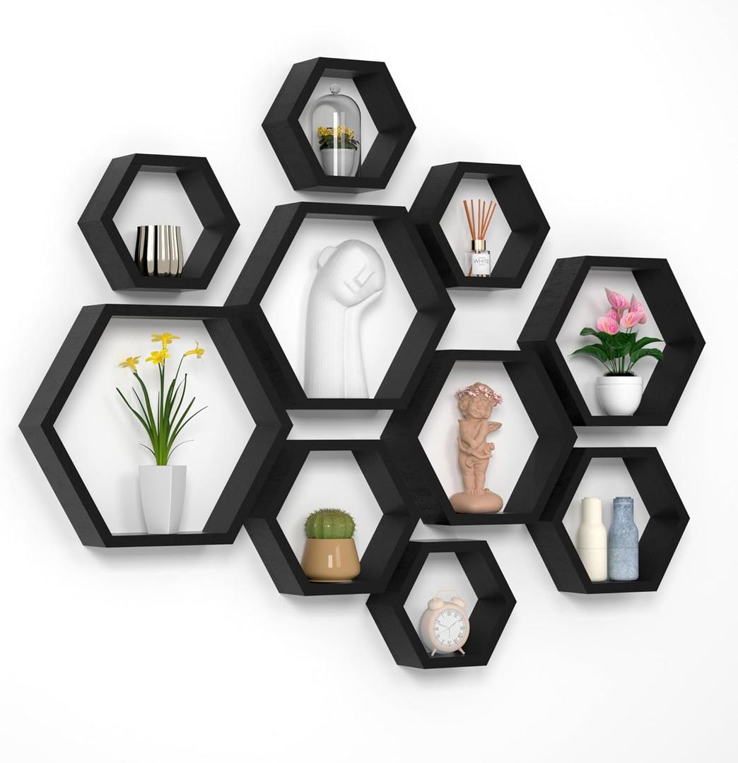 WONFUlity Hexagon Floating Shelves Honeycomb Wall Mounted Wood Farmhouse Storage for Bathroom, Kitchen, Bedroom, Living Room - Driftwood Finish Wall Decor, Black (10PC)
