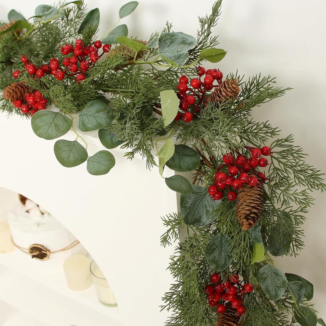 ZIFTY Christmas Garland for Mantle 5.9FT Artificial Pine and Cypress with Red Berries Eucalyptus Leaves Pine Cone Perfect for Indoor and Outdoor Holiday Decorations Xmas Decor for Stairs