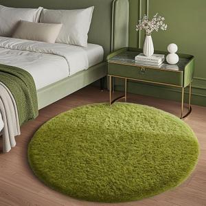 Ophanie Round Rug 4Ft Green Circle Area Rug, Green Room Decor, Fluffy Fuzzy Bedroom Carpet, Plush Soft Shaggy Living Room Rugs for Kids Home Decor Aesthetic, Nursery (4' x 4', 7- Green)