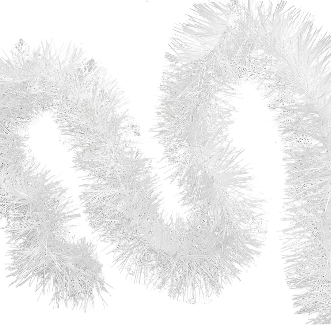 Allgala White Tinsel Garland, 50 Feet Christmas Metallic Foil Tinsel Garland Decoration for Holiday Tree Walll Rail Home Office Event Fall Thanksgiving Decoration