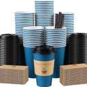 Clawsoff 100 Pack 16 oz Coffee Cups with Lids, Disposable To Go Paper Coffee Cups with Sleeves and Stirring Sticks for Hot/Cold Drinks Office Home Shop Event (Navy)