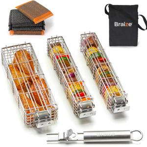 Large Grilling Basket Set  3 Stainless Steel Kabob Baskets with Removable Handle & Scrubber Sponge  Heavy-Duty Grill Accessory for Veggies, Meat & More (Chrome)