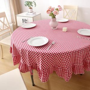 Red Plaid Ruffled Table Cloth Round Cover, 100% Washed Cotton Farmhouse Checker Gingham Vintage Decorative Tablecloth -Dia.70in