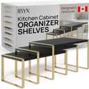 Ibyx Premium Kitchen Cabinet Organizer Shelf - Set of 3 Kitchen Counter Shelves - Stackable Shelf Racks for Cabinets - Metal Frame & Engineered Wood (Black Wood, Gold Frame)