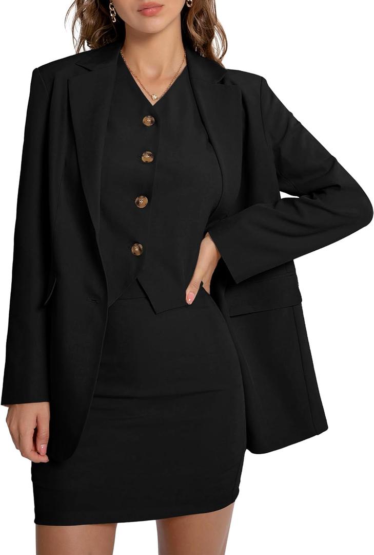 Casly Lamiit Women's 3 Piece Skirt Sets Business Casual Short Skort Blazer Suit Long Sleeve Jacket Vest Matching Outfits (X-Large, Black)