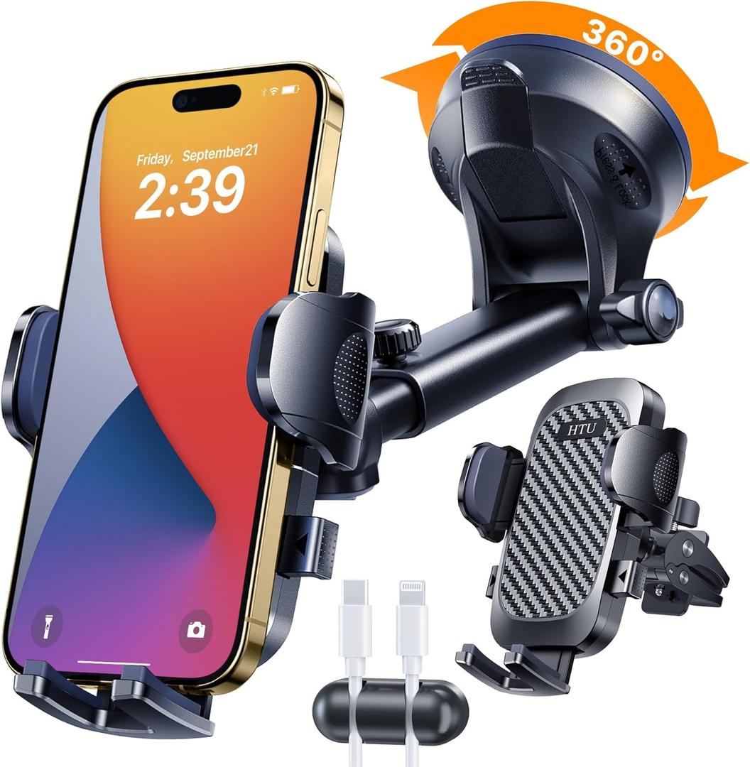 HTU 2025 Best Car Phone Holder Ultimate 5-in-1 & Upgraded 100+LBS Strongest SuctionTrue Military-Grade & Safety Cert 360 Windshield Dashboard Vent Mount Stand for iPhone Android & Truck, Black