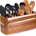 Utensil holder for Kitchen Counter - Large Kitchen Utensil Holder Organizer for Counter or Countertop, Large Wooden Utensil Holder with 4 CompartmentAcacia Wood