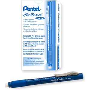 Pentel Clic Eraser Grip, Retractable Eraser, Blue Barrel, Box of 12 (ZE22C)