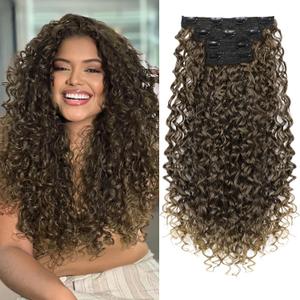 Flufymooz Clip in Hair Extensions, 4PC 100 Pure Protein Silk Hair Extensions Long Soft Natural Hairpiece 20 Inch Curly Hair Extension for Women Ash Dark Brown to Ligh Brown