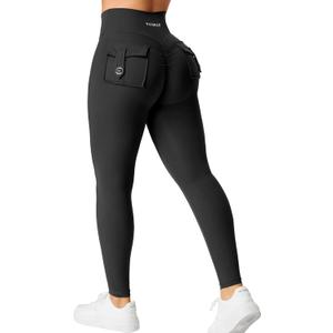 YEOREO CoreFlex Leggings with Pockets for Women Charm Scrunch Workout Leggings V Cross Waist Butt Lifting Gym Yoga Pants (Small, Black)