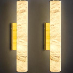 LMQNINE Natural Alabaster Wall Sconces Set of Two Spanish Marble Wall Light Cylinder Modern Gold LED Sconce for Bedroom Bathroo Stairs Living Room（S-2Pack）
