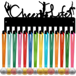 CREATCABIN Cheer Life Medal Holder Medal Hanger Display Rack Sports Metal Hanging Awards Iron Small Mount Decor with 14 Hooks for Wall Home Badge Soccer Swimming Black 11.4 x 5.1 Inch