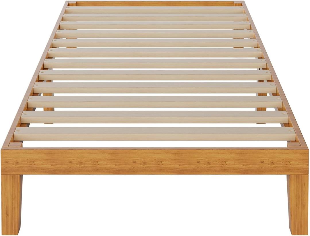 DUMOS Solid Wood Bed Frame, Twin Size Bed Base with Wood Slat Support, Sturdy, Stylish & Noise-Free Design, No Box Spring Needed, Easy Assembly, 12 in Natural Pine