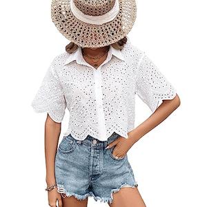 SweatyRocks Women's Short Sleeve Button Down Eyelet Crochet Shirt Asymmetrical Hem Crop Top Blouse White Small