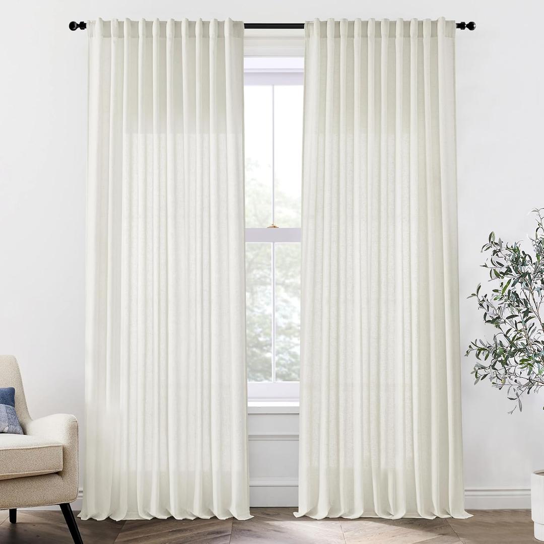 Extra Wide Curtains 70 In Width for 60 & 72 Inch Window, Pleated Back Tab Linen Semi Sheer Full Length Curtains for Living Room Sliding Glass Door 2 Panel Set, 72x96, 70x96, 6FT x 96 Inches Long, Cream