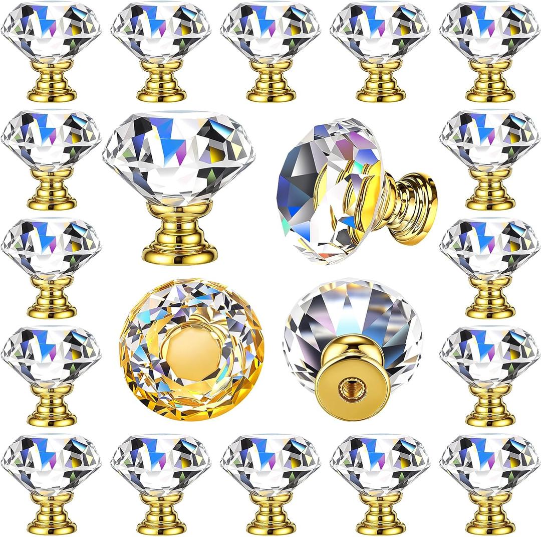 Hotop 30 Pieces Crystal Drawer Knobs Clear 30mm Diamond Crystal Dresser Knobs Glass Cabinet Pulls Handles with Screws for Kitchen Office Bathroom Cabinet (Gold)