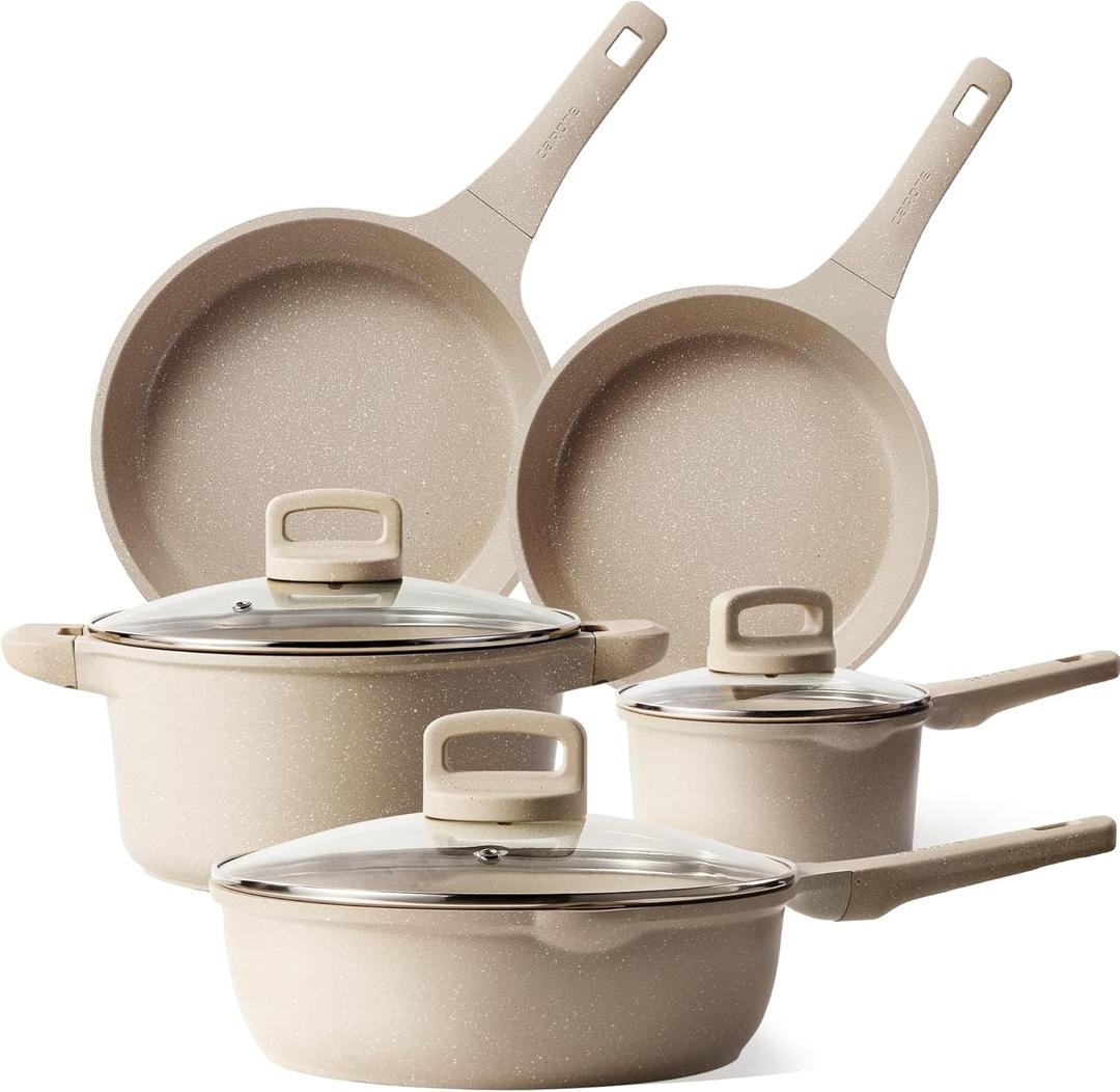 CAROTE 8pcs Pots and Pans Set Non Stick, Taupe Nonstick Cookware Set, Frying pans with lids, Kitchen Essentials Pot and Pan, Induction Cookware