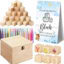 Marsui 136 Pcs Baby Shower Blocks to Decorate Game Kit Includes 98 Wooden Blocks, 36 Markers, 1 Game Sign, 1 Storage Box for Baby Shower Gender Reveal Activity Party Decorations(Blue Bear)
