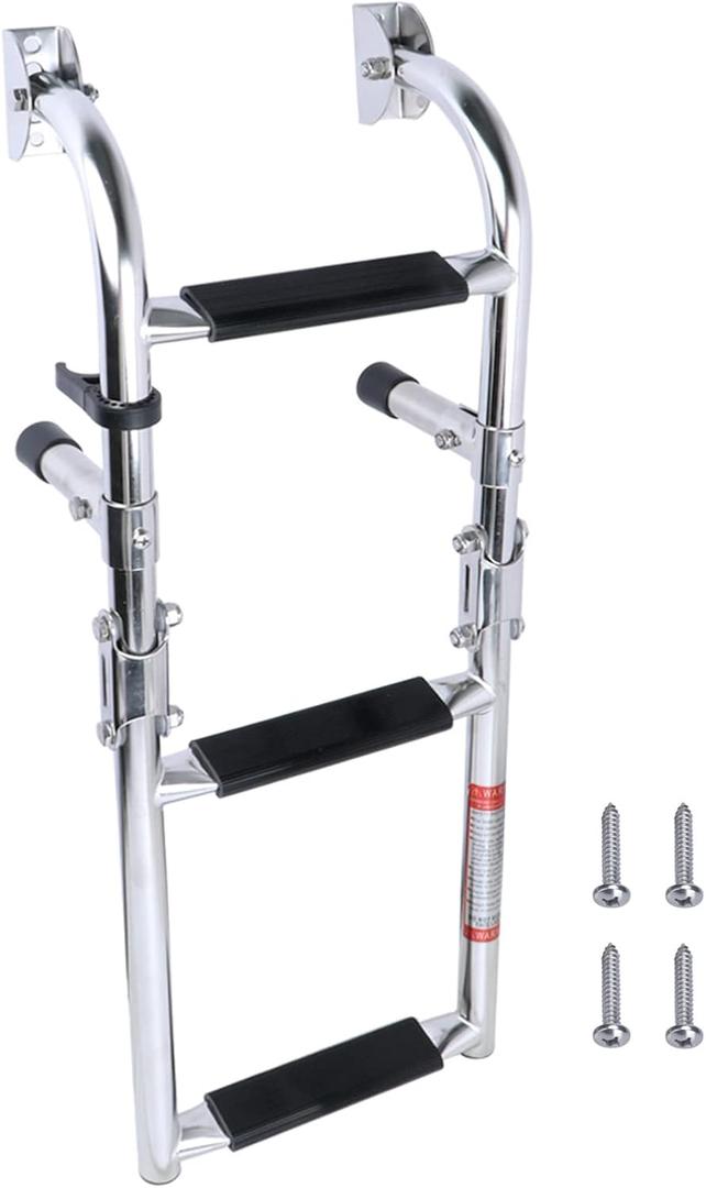 Folding Boat Ladder, Stainless Steel 3 Step Swim Ladder, Collapsible 2+1 Step Ladder for Swimming Pool Pontoon Dock Stern Mount W Rubber Grips