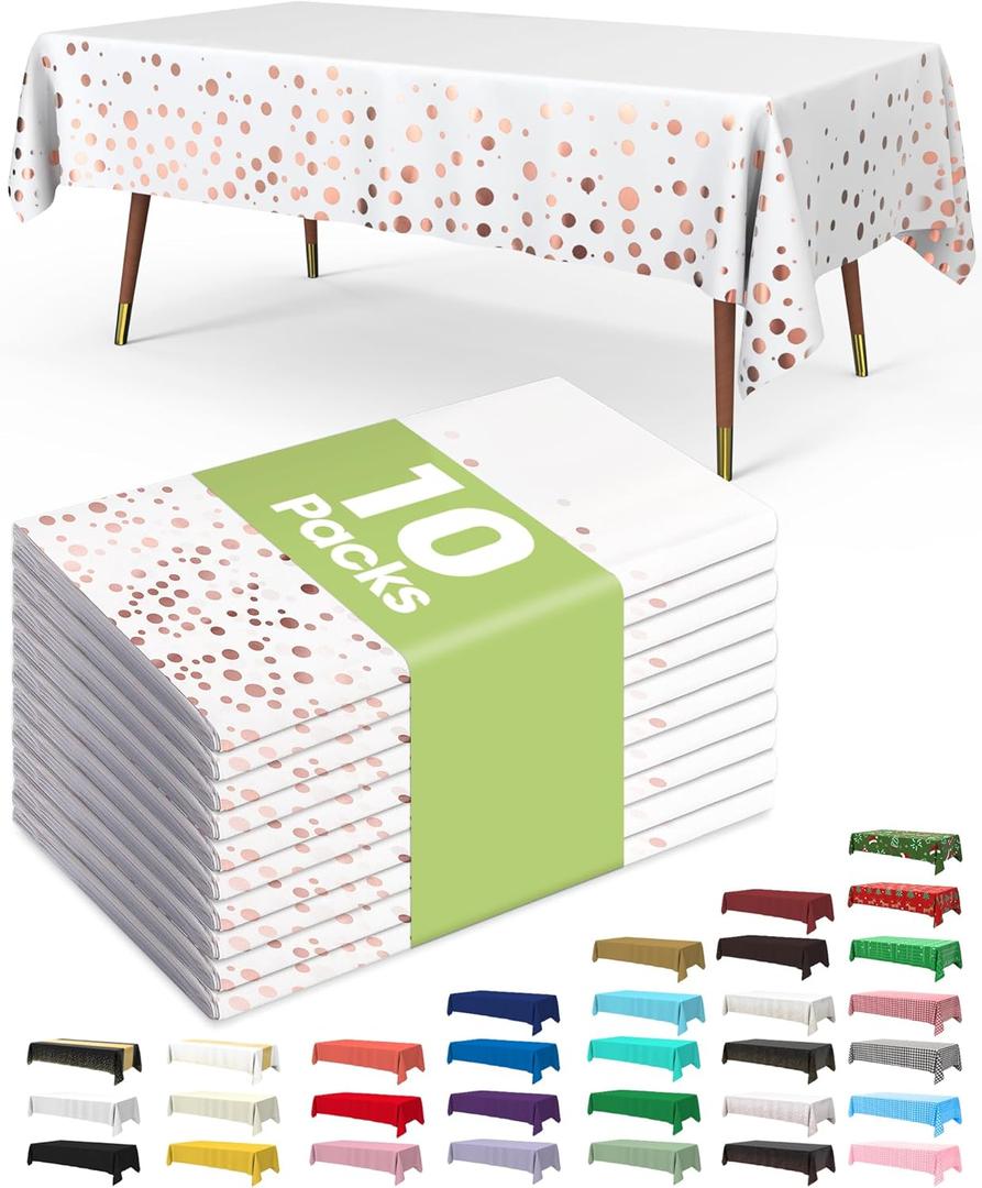 Pureegg Plastic Table Cloth Disposable 10 Pack, 54 x 108 Inch Table Cloths, Graduation Decorations of 2026, Graduation Tablecloths, Rectangle, Plastic Cover, Leakproof & Sturdy, White and Rose Gold