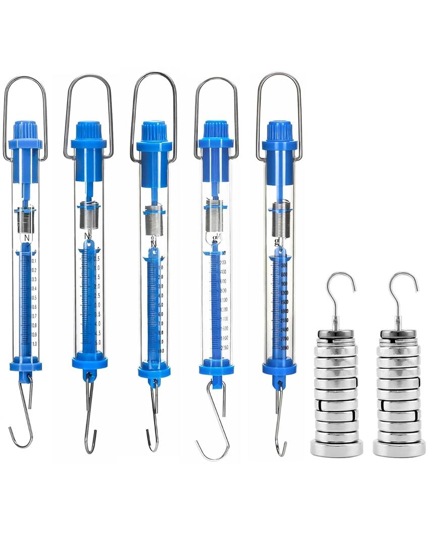 QWORK 2 Pcs 250G Slotted Weight Set, 13 Weights with Hanger + 5 Pcs Plastic Tubular Spring Scale - 1N, 5N, 10N, 20N, 30N Capacity, Grams & Newton Calibration